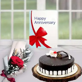 1 kg choco vanilla cool cake, single red rose, anniversary card