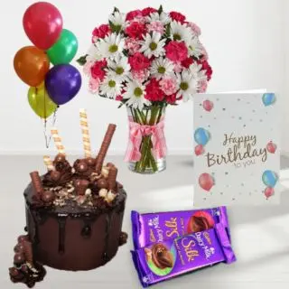 Vase arrangement of Exotic mix flowers, chocolate explosion cake, set of 2 dairy milk silk, birthday greeting card, with 5 blown balloons
