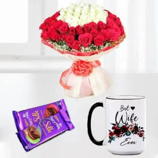 50 red and white roses bouquet with set of 2 dairy milk chocolates, with photo mug 