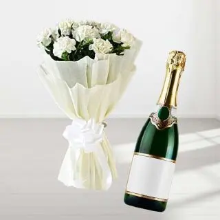 Bunch of  15 white carnations with bottle of champegne 