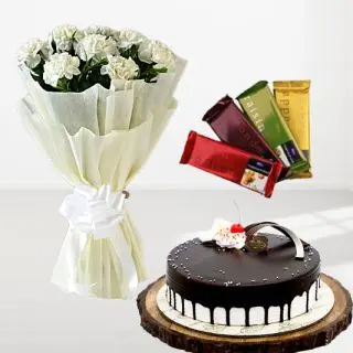  vanilla fresh cream cake with bunch of 15 white carnations with set of four temptations chocolates