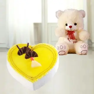 heart shape pineapple fresh cream cake with 1 feet height teddy bear 