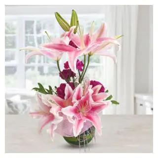 Designer 1 feet height Arrangement of pink lilies with red roses