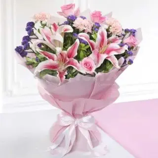 Classy Arrangement of Carnation with roses with Pink Oriental lilies