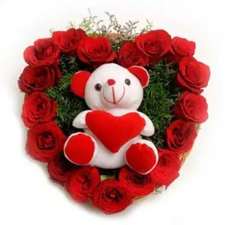 Heart Shape Arrangement of 50 Red Roses with teddy