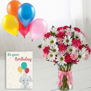 Vase arrangement of Exotic mix flowers, 5 bunch of mix color balloons with birthday card