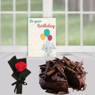 Half kg chocolate truffle cool cake , single red rose, Birthday card 