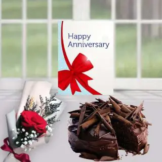 Half kg chocolate truffle cool cake, single red rose, anniversary card 