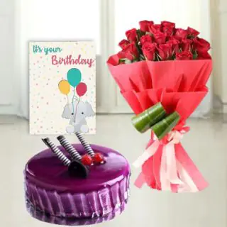 20 red roses bunch, black currant cool cake, birthday greeting card 