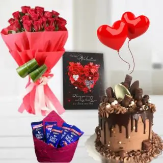 Bunch of 12 red roses , Half kg  kg chocolate explosion cake, pack of 5 dairy milk chocolates, Greeting card , 2 heart shape balloons 
