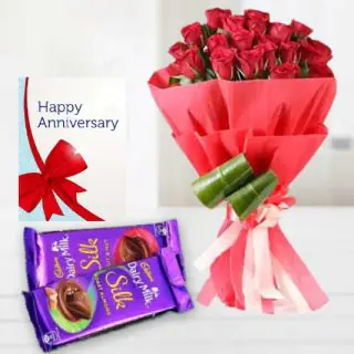 Bunch of 20 red roses,   set of 2 dairy milk silk chocolates, anniversary greeting card  