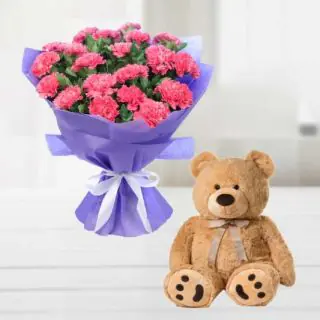 20 pink carnations bouquet with 6 inch teddy bear