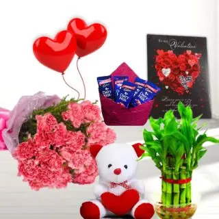 Bunch of 10 pink carnations, Basket of 10 dairy milk chocolates, 6 inch height teddybear, 2 layer Lucky bamboo plant, 5 blown balloons with greeting card 