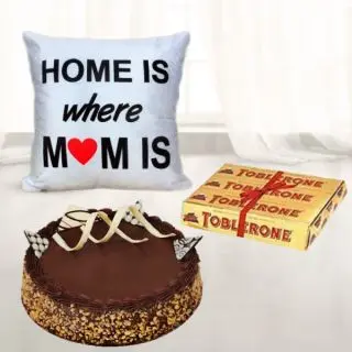 photo cushion , chocolate walnut cake with set of 3 toblerone chocolates 