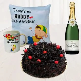 set of photo mug with photo cushion, half kg chocolate fantasy cake , bottle of champagne 