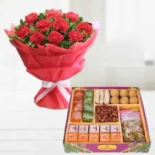 Bunch of 15 red carnations with box of 1 kg assorted sweets from Haldiram
