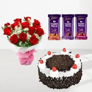 Bunch of 10 red roses with special packing with black forest chocolates with 3 dairy milk silk chocolates
