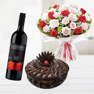 20 red&white mix colour roses with double chocolate cake with bottle of red wine