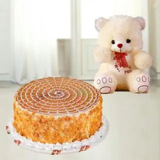 Fresh cream butterscotch cake with 1 feet height teddybear