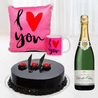set of photo cushion with photo mug , half kg chocolate truffle cake with bottle of champagne 
