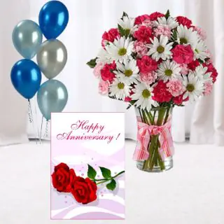 15 mix flowers in glass vase , 5 blown balloons with anniversary card 