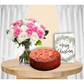 15 pink and white roses in glass vase, chocolate plum cake , greeting card