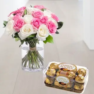 15 pink and white roses in glass vase with 16 pcs rocher ferrero chocolates 
