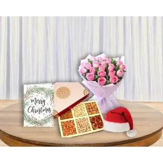 15 pink roses bouquet, santa cap, greeting card with half kg assorted dry fruits box