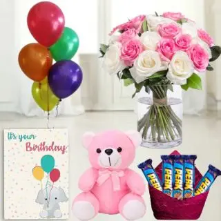 15 red and pink roses arranged in glass vase,  1feet height pink  teddybear , set of 5 perk  chocolates, birthday greeting card with 5 blown balloons 