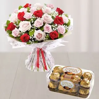 15 red and pink roses bouquet with 16 pcs rocher ferrero chocolates 