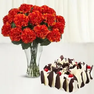 15 red carnations in glass vase with white forest cool cake 