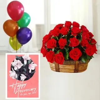 15 red roses basket, anniversary greeting card , 5 blown balloons 
