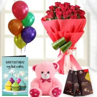 15 red roses bouquet, 6 inch pink teddybear, 3 bournville dark chocolates, birthday  Greeting card with 5 blown balloons 