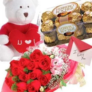 15 Red Roses bunch with 8 inch teddy ,16 pcs Ferreror Rocher Chocolates