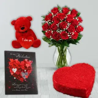 15 red roses in glass vase, 1 kg heart shape red velvet cake, valentine Greeting card, 6 inch height red teddybear 