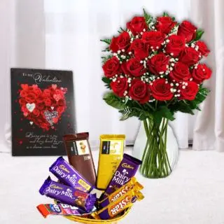 15 red roses in glass vase, basket of assorted chocolates, valentine greeting card  