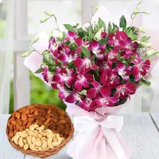 Bouquet Of 10 Lavender Orchids With 1 Kg Assorted Dry Fruits