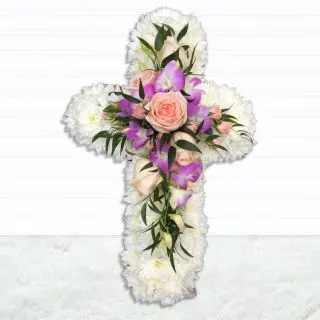 1 feet height cross with white daisy, lavender orchids and pink roses 