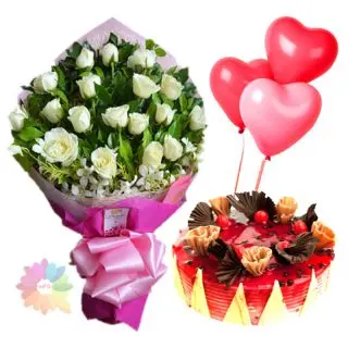 Bunch of 20 white roses with blueberry fresh cream cake with 3 heart shape balloons 