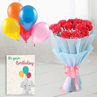Bunch of 8 pink carnations,  bunch of 5 mix color balloons with birthday card