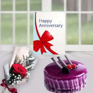 Single red rose flower, Half kg black currant cake, anniversary card 
