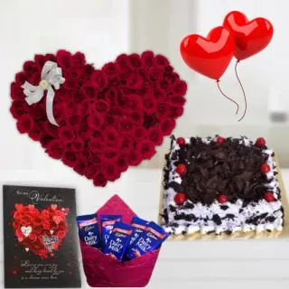 40 red roses heart shape arrangement , Half kg square shape black forest cake, 2 heart shape balloons , Greeting card with pack of 5 diary milk chocolates 