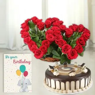 Twin heart shape arrangement of 30 red roses, irish coffee cake and  birthday greeting card 