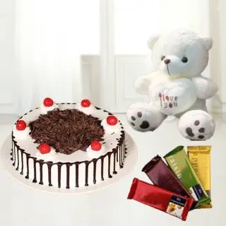  Black forest cake with 1 feet height teddybear with set of 4 temptations 