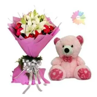 Bunch of mix exotic flowers with 2 feet height pink colour teddybear