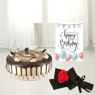 Half kg irish coffee cool cake , Single red rose, Birthday card 