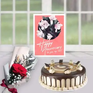 Half kg irish coffee cool cake, Single red rose, anniversary card 
