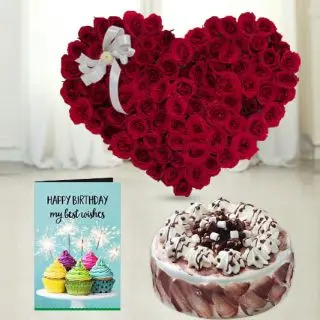 Twin heart shape arrangement of 30 red roses, irish coffee cake, birthday greeting card 