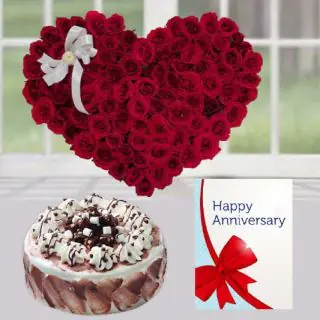 Twin heart shape arrangement of 30 red roses, irish coffee cake, anniversary greeting card 