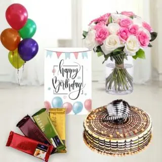 Vase arrangement of 20 pink and white roses, premium quality butterscotch cake, pack of 4 temptations chocolates , birthday greeting card, with 5 blown balloons